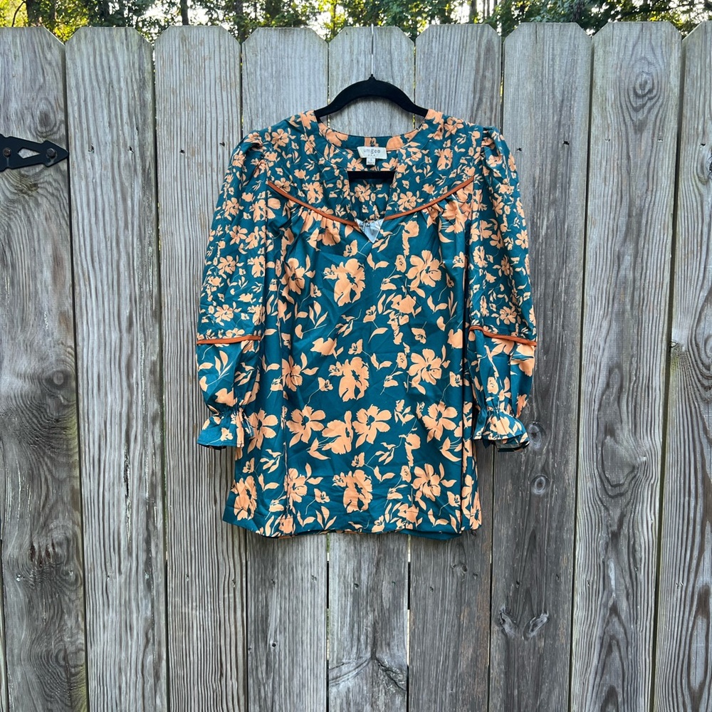Umgee Teal Floral Blouse with Peach Accent